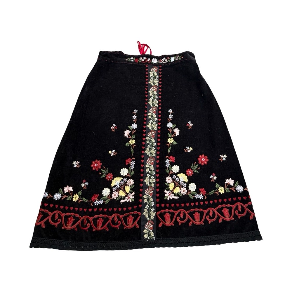 Persaman New York Skirt Womens 6 Black Floral Heart Embroidered Velvet Midi Folk